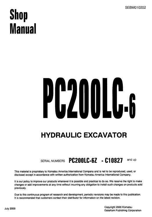 Komatsu PC200LC-6 Hydraulic Excavator Pdf Repair Service Manual