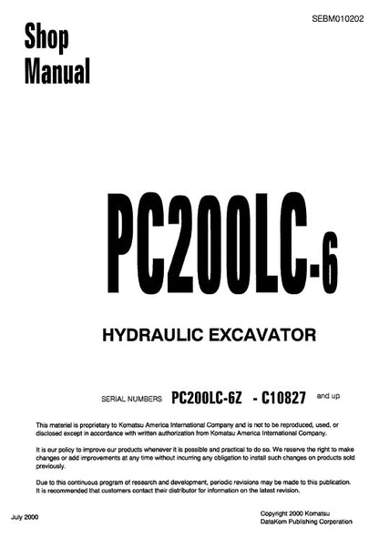 Komatsu PC200LC-6 Hydraulic Excavator Pdf Repair Service Manual