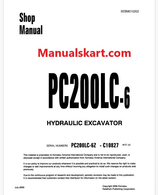 Komatsu PC200LC-6, PC200LC-6Z Hydraulic Excavator Pdf Shop Repair Service Manual Sn C10827 and UP