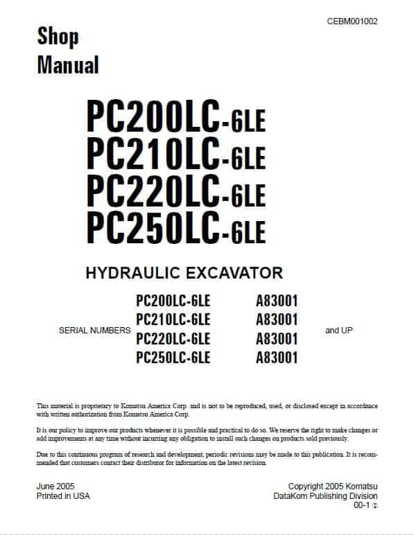 Komatsu PC200LC-6LE, PC210LC-6LE, PC220LC-6LE, PC250LC-6LE Excavator Pdf Repair Service Manual Pdf (Sn A83001 And Up)