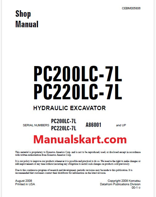 Komatsu PC200LC-7L, PC220LC-7L Hydraulic Excavator Pdf Shop Repair Service Manual Sn A86001 and UP