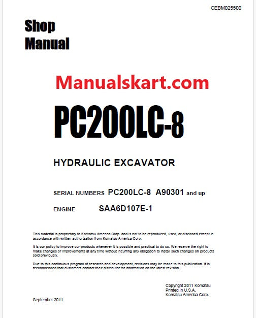 Komatsu PC200LC-8 Hydraulic Excavator Pdf Shop Repair Service Manual Sn A90301 and UP