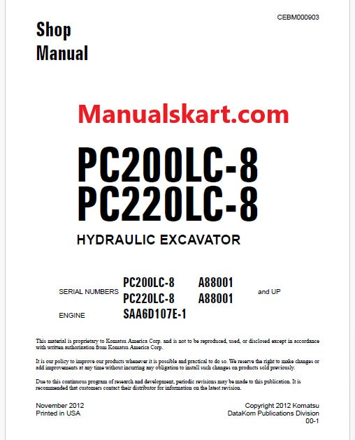 Komatsu PC200LC-8, PC220LC-8 Hydraulic Excavator Pdf Shop Repair Service Manual Sn A88001 and UP