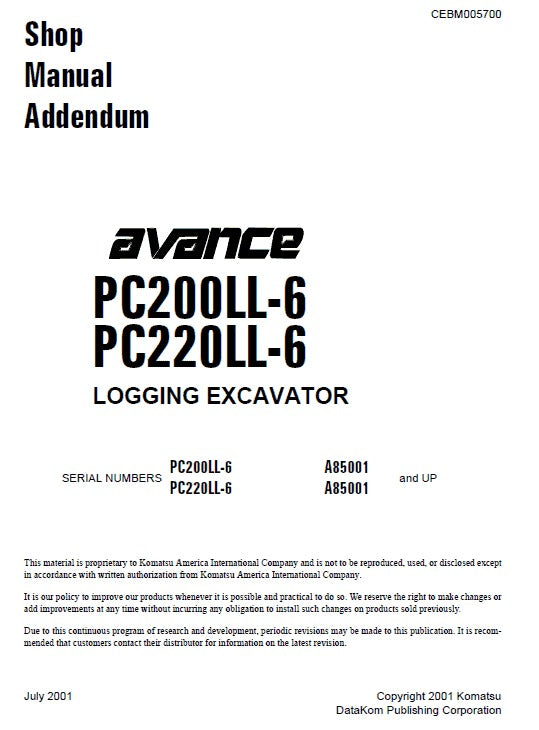 Komatsu PC200LL-6, PC220LL-6 Excavator Pdf Repair Service Manual