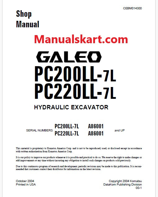 Komatsu PC200LL-7L, PC220LL-7L GALEO Hydraulic Excavator Pdf Shop Repair Service Manual Sn A86001 and UP