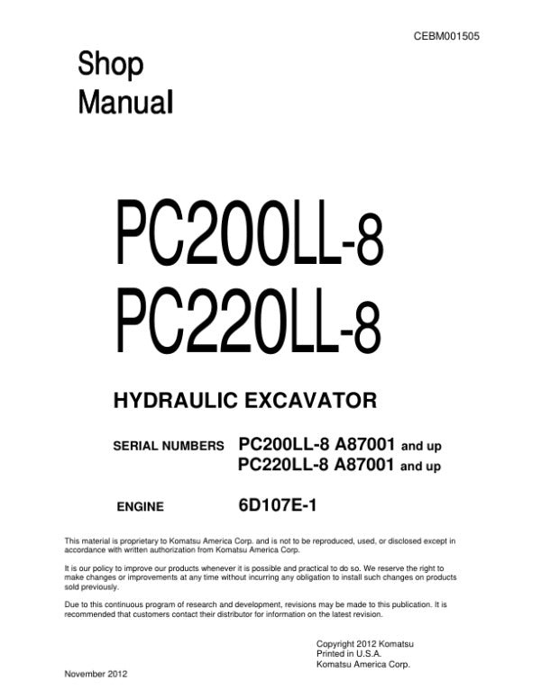 Komatsu PC200LL-8, PC220LL-8 Hydraulic Excavator Pdf Repair Service Manual