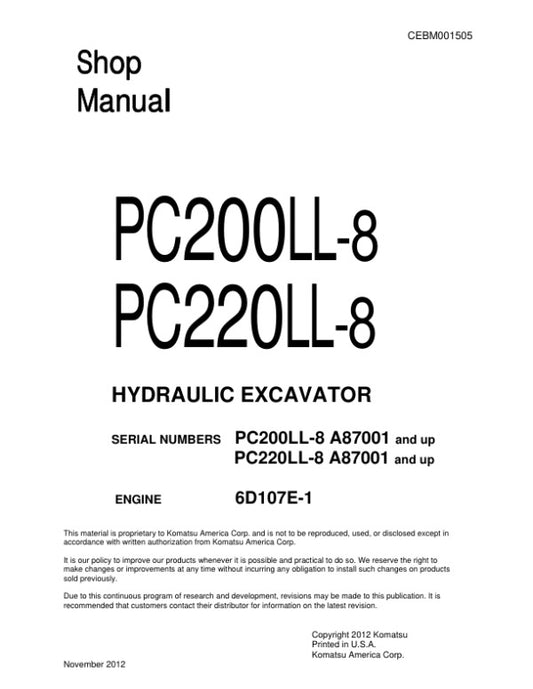 Komatsu PC200LL-8, PC220LL-8 Hydraulic Excavator Pdf Repair Service Manual