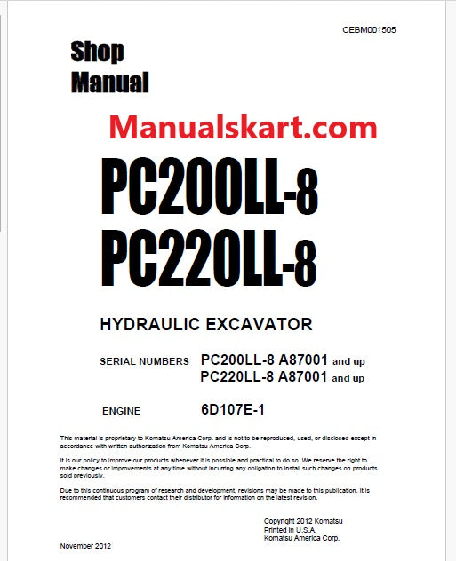 Komatsu PC200LL-8, PC220LL-8 Hydraulic Excavator Pdf Shop Repair Service Manual Sn A87001 and UP