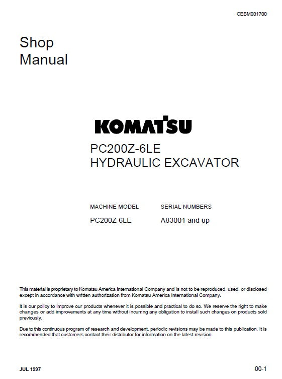 Komatsu PC200Z-6LE Crawler Hydraulic Excavator Pdf Repair Service Manual (Sn A83001 And UP)