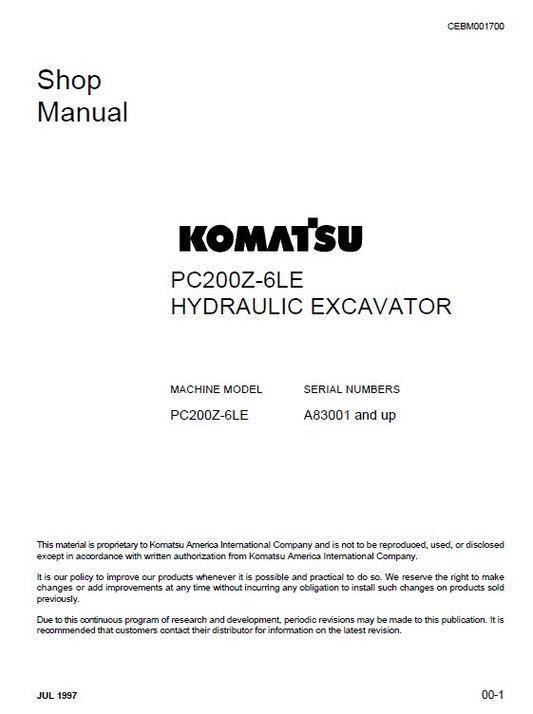 Komatsu PC200Z-6LE Crawler Hydraulic Excavator Pdf Repair Service Manual (Sn A83001 And UP)