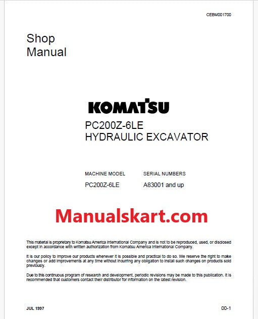 Komatsu PC200Z-6LE Hydraulic Excavator Pdf Shop Repair Service Manual Sn A83001 and UP