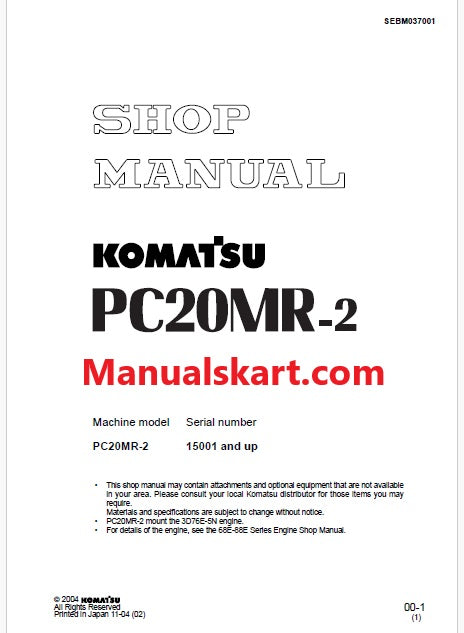 Komatsu PC20MR-2 Hydraulic Excavator Pdf Repair Service Manual Sn 15001 and UP