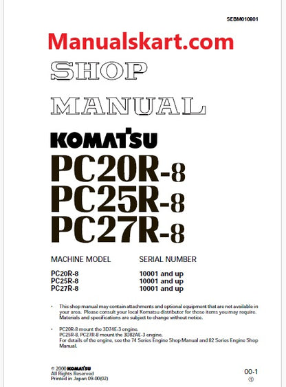 Komatsu PC20R-8, PC25R-8, PC27R-8 Hydraulic Excavator Pdf Repair Service Manual Sn 10001 and UP