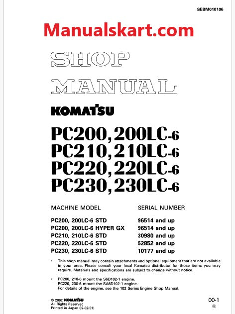 Komatsu PC220, PC220LC-6 STD Hydraulic Excavator Pdf Shop Repair Service Manual Sn 52852 and UP