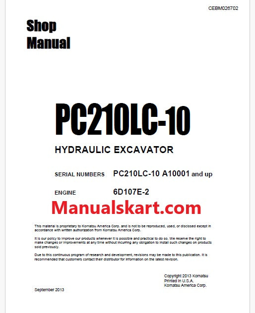 Komatsu PC210LC-10 Hydraulic Excavator Pdf Shop Repair Service Manual Sn A10001 and UP