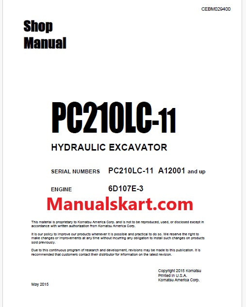 Komatsu PC210LC-11 Hydraulic Excavator Pdf Shop Repair Service Manual Sn A12001 and UP