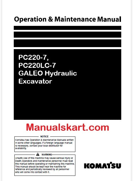 Komatsu PC220-7, PC220LC-7 GALEO Hydraulic Excavator Pdf Operation and Maintenance Manual