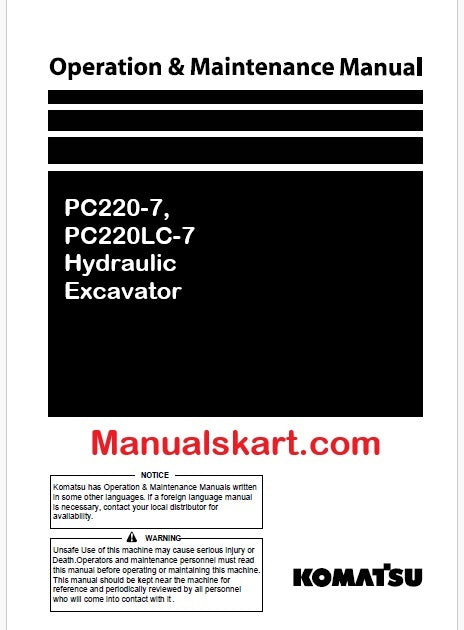 Komatsu PC220-7, PC220LC-7 Hydraulic Excavator Pdf Operation and Maintenance Manual