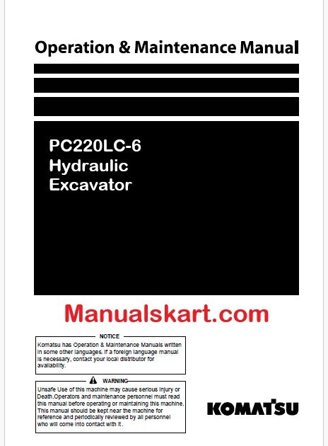 Komatsu PC220LC-6 Hydraulic Excavator Pdf Operation and Maintenance Manual