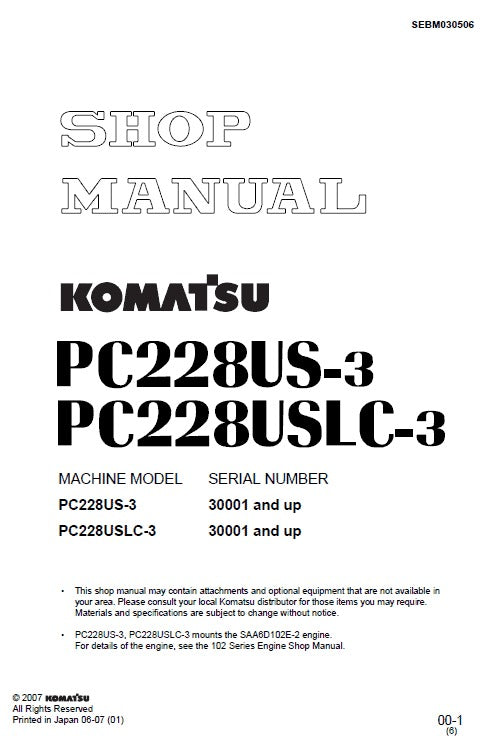 Komatsu PC228US-3, PC228USLC-3 Crawler Hydraulic Excavator Ecot3 Pdf Repair Service Manual (Sn 30001 And UP)