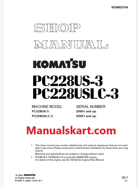 Komatsu PC228US-3, PC228USLC-3 Hydraulic Excavator Pdf Shop Repair Service Manual Sn 20001 and UP