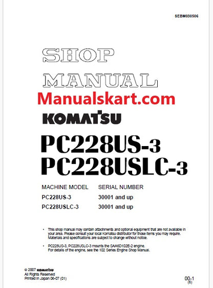 Komatsu PC228US-3, PC228USLC-3 Hydraulic Excavator Pdf Shop Repair Service Manual Sn 30001 and UP