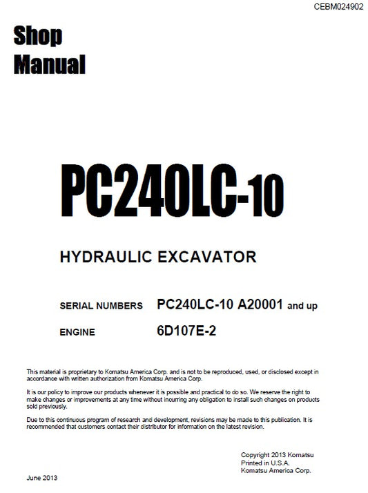 Komatsu PC240LC-10 Crawler Hydraulic Excavator Pdf Repair Service Manual (Sn A20001 And UP)