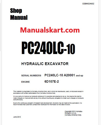 Komatsu PC240LC-10 Hydraulic Excavator Pdf Shop Repair Service Manual Sn A20001 and UP