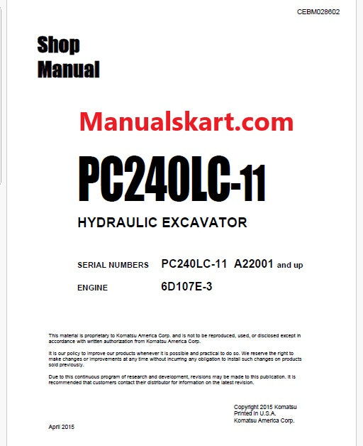 Komatsu PC240LC-11 Hydraulic Excavator Pdf Shop Repair Service Manual Sn A22001 and UP