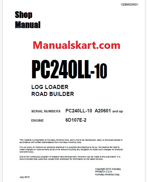 Komatsu PC240LL-10 Log Loader Road Builder Pdf Shop Repair Service Manual Sn A20601 and UP