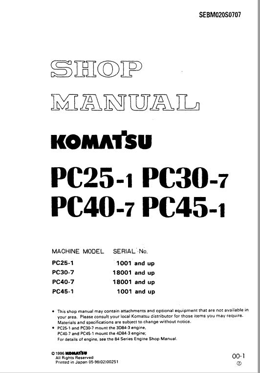 Komatsu PC25-1, PC30-7, PC40-7, PC45-1 Crawler Hydraulic Excavator Pdf Shop Repair Service Manual