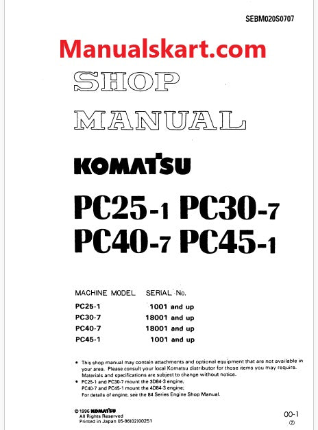 Komatsu PC25-1, PC45-1 Hydraulic Excavator Pdf Repair Service Manual Sn 1001 and UP