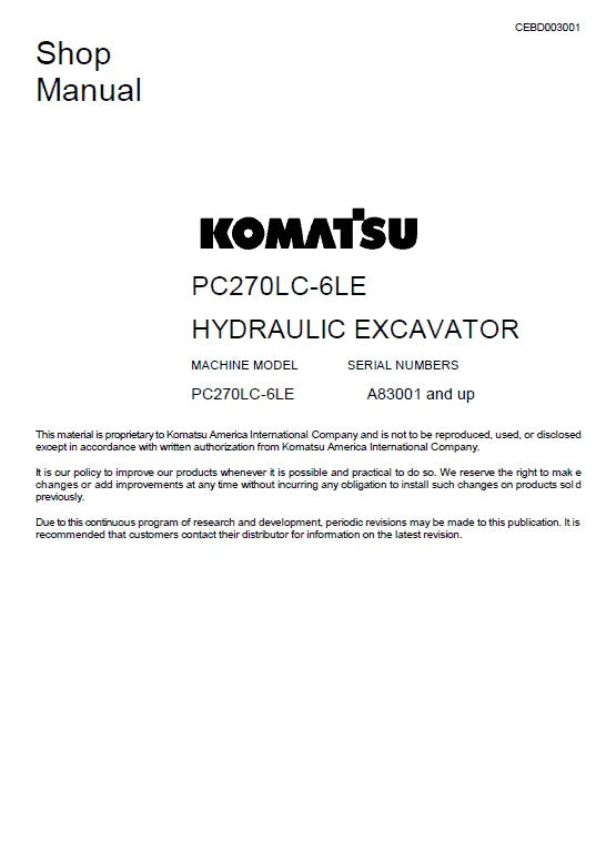 Komatsu PC270LC-6LE Crawler Hydraulic Excavator Pdf Shop Repair Service Manual (Sn A83001 And UP)