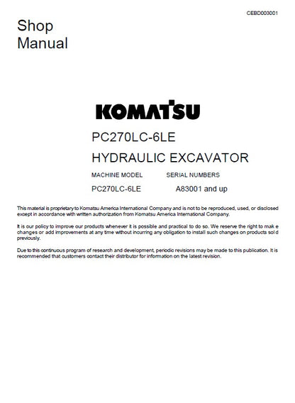 Komatsu PC270LC-6LE Crawler Hydraulic Excavator Pdf Shop Repair Service Manual (Sn A83001 And UP)