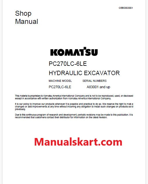 Komatsu PC270LC-6LE Hydraulic Excavator Pdf Shop Repair Service Manual Sn A83001 and UP