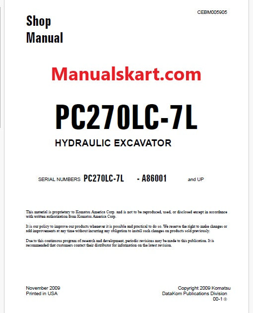 Komatsu PC270LC-7L Hydraulic Excavator Pdf Shop Repair Service Manual Sn A86001 and UP