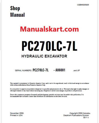 Komatsu PC270LC-7L Hydraulic Excavator Pdf Shop Repair Service Manual Sn A86001 and UP