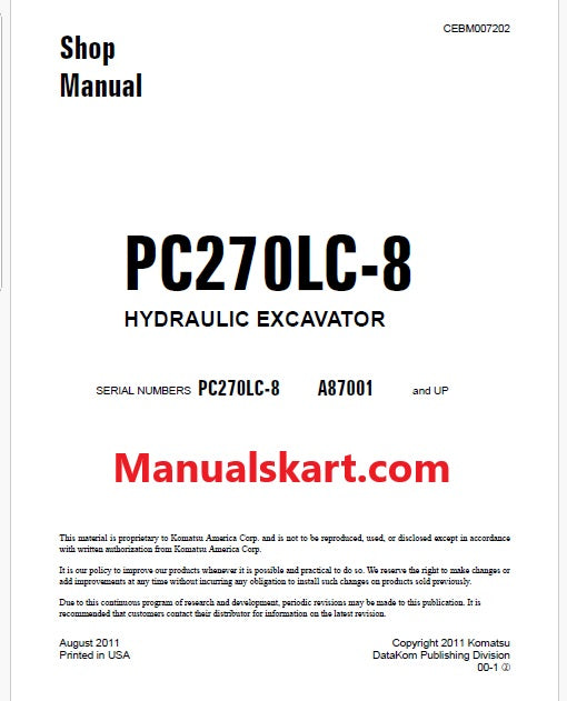 Komatsu PC270LC-8 Hydraulic Excavator Pdf Shop Repair Service Manual Sn A87001 and UP