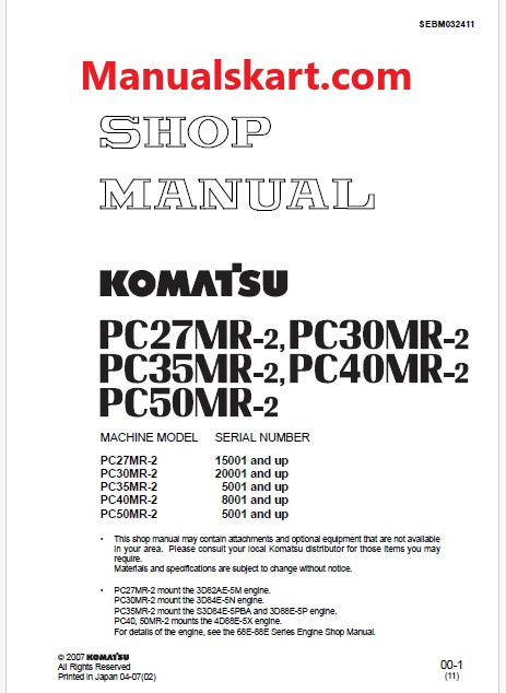 Komatsu PC30MR-2 Hydraulic Excavator Pdf Repair Service Manual Sn 20001 and UP