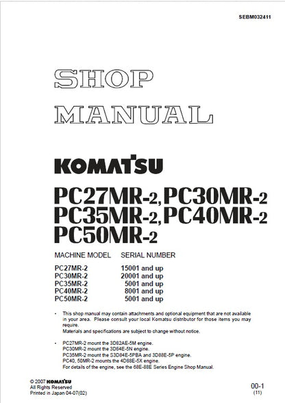 Komatsu PC27MR-2, PC30MR-2, PC35MR-2, PC40MR-2, PC50MR-2 Excavator Pdf Shop Repair Service Manual