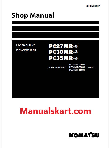 Komatsu PC27MR-3 Hydraulic Excavator Pdf Repair Service Manual Sn 20002 and UP