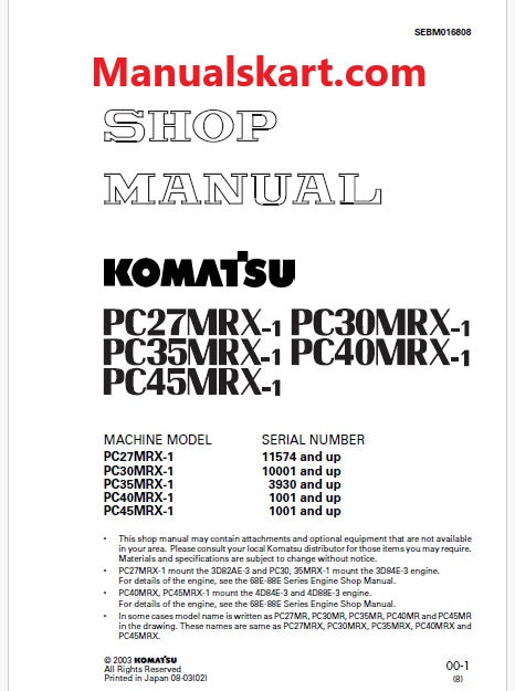 Komatsu PC27MRX-1 Crawler Excavator Pdf Repair Service Manual Sn 11574 and UP