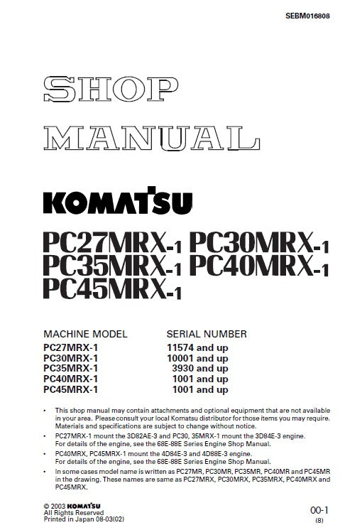 Komatsu PC27MRX-1, PC30MRX-1, PC35MRX-1, PC40MRX-1, PC45MRX-1 Excavator Pdf Shop Repair Service Manual