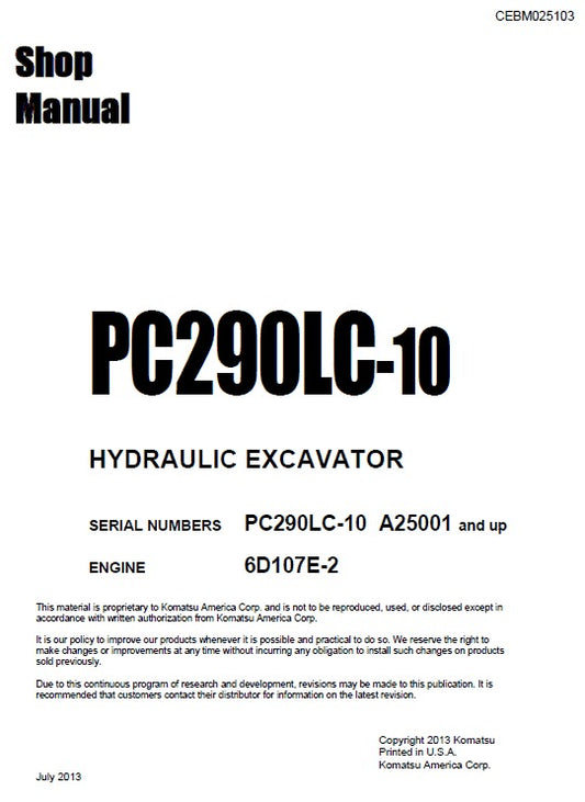 Komatsu PC290LC-10 Crawler Hydraulic Excavator Shop Service Repair Manual (Sn A25001 And UP)