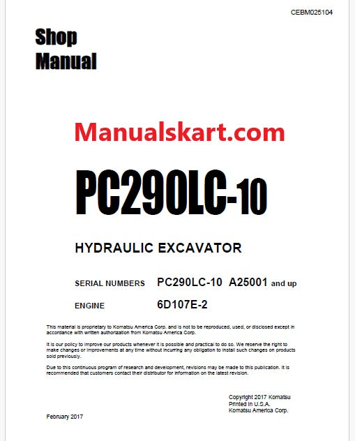 Komatsu PC290LC-10 Hydraulic Excavator Pdf Shop Repair Service Manual Sn A25001 and UP