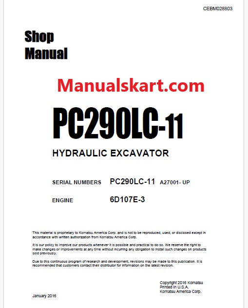 Komatsu PC290LC-11 Hydraulic Excavator Pdf Shop Repair Service Manual Sn A27001 and UP