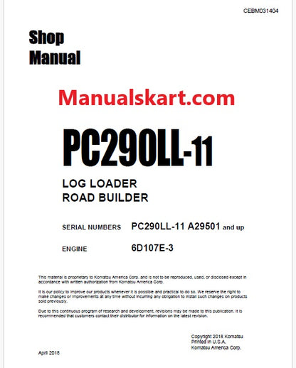 Komatsu PC290LL-11 Log Loader Road Builder Pdf Shop Repair Service Manual Sn A29501 and UP