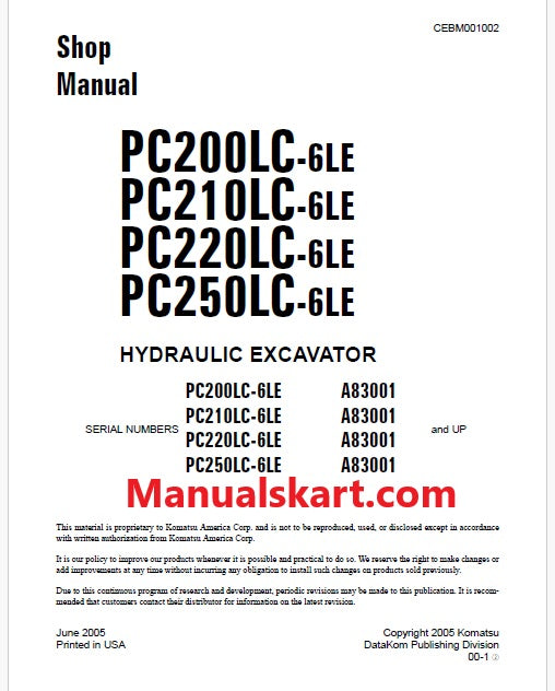 Komatsu PC2OOLC-6LE, PC21OLC-6LE, PC22OLC-6LE, PC25OLC-6LE Hydraulic Excavator Pdf Shop Repair Service Manual Sn A83001 and UP