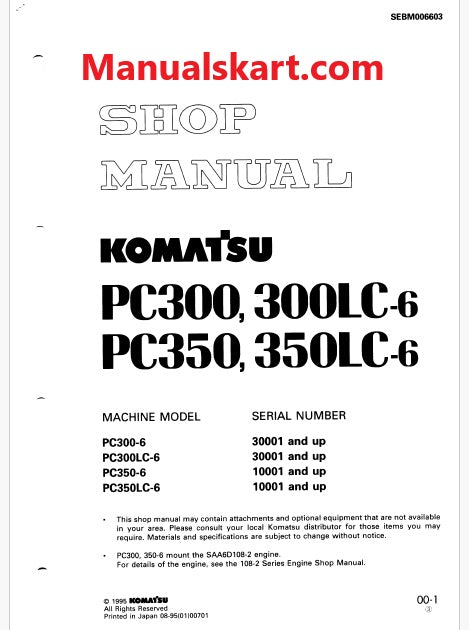 Komatsu PC350-6, PC350LC-6 Hydraulic Excavator Pdf Shop Repair Service Manual Sn 10001 and UP