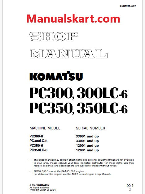 Komatsu PC350-6, PC350LC-6 Hydraulic Excavator Pdf Shop Repair Service Manual Sn 12001 and UP